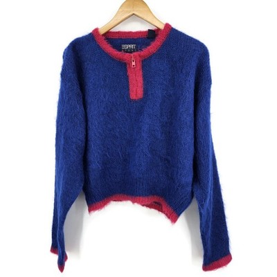 VTG 90s Espirit Sport  Mohair Blend Quarter Zip Sweater Womens L Blue Pink Crop