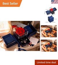 Preserved Red Real Rose with Necklace Earrings-Eternal Forever Flowers Rose,B...