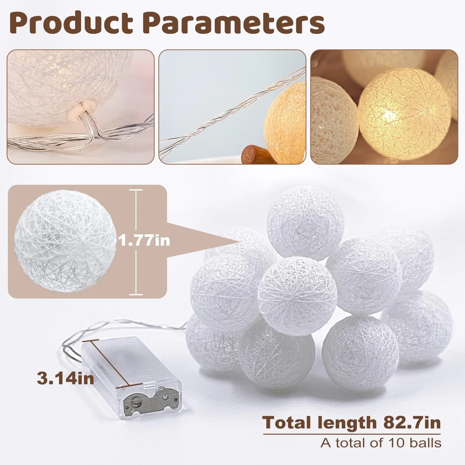 Хлопковые шарики гирлянды на батарейках 10 светодиодных подвесных светильников для кровати упаковка 2 шт. - Изображение 3 из 4