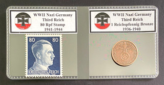 Vintage Germany 1 Reichspfennig Coin & 80 Rp WWII Stamp (1936 1944) in Sleeve