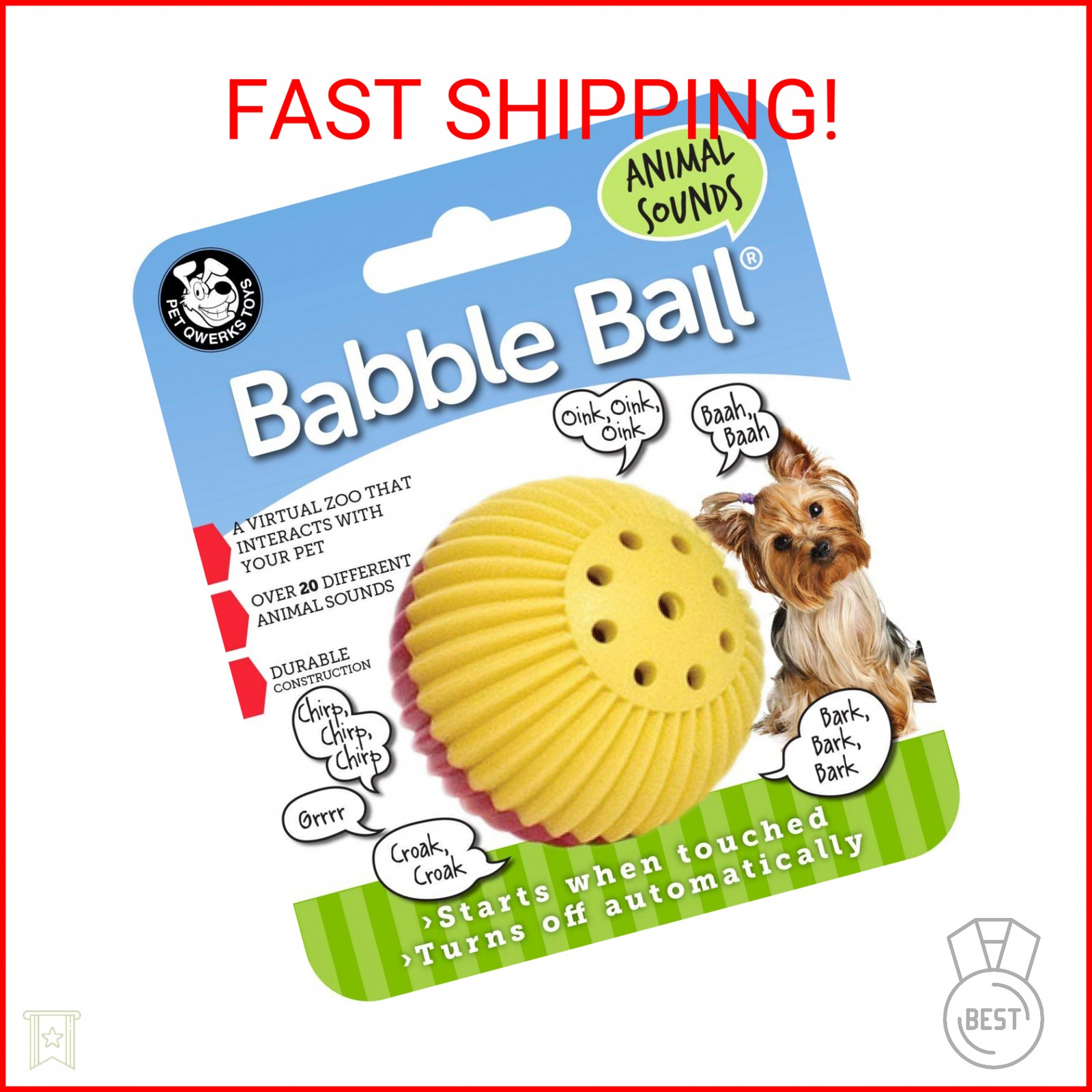 Pet Qwerks Animal Sounds Babble Ball - Chew Dog Toy - Small