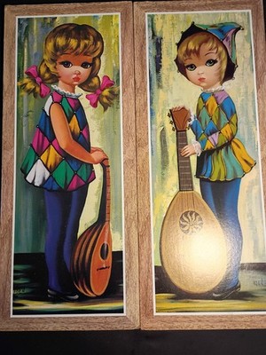 2 Eden Big Eye Harlequin Girl Wall Art W/  Lute MCM Prints On Board 1960's Repro
