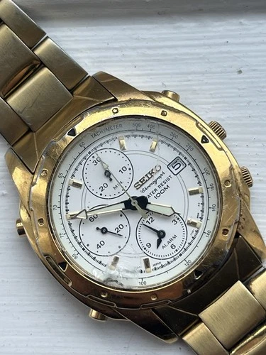 Seiko Chronograph Mens 100M Diver Watch Date Gold White 40mm  Vintage