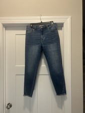 KanCan Mid Rise Tapered Leg Jeans Size 13/30 Dark Wash Stretch Denim Frayed Hem