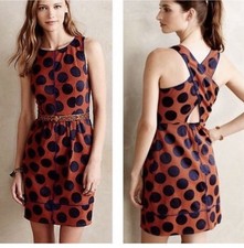 Anthropologie Maeve Rokin Textured CrossBack Polka Dot Dress Sz 10 Orange Navy