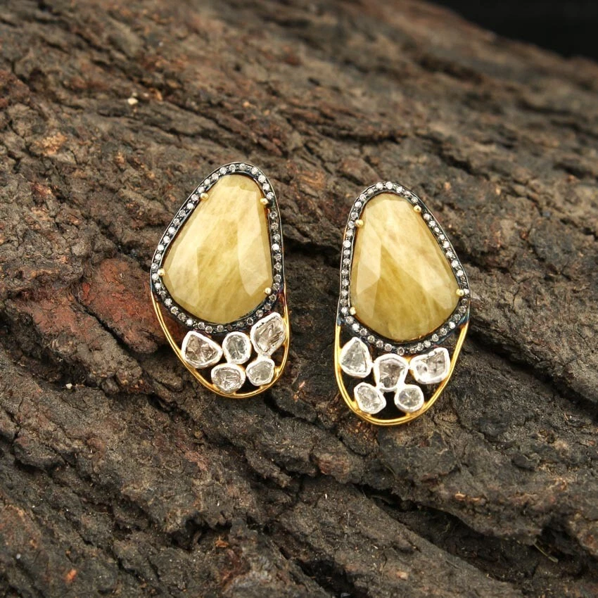 Pendientes de plata de ley con tachuelas de diamantes de berilo natural hechos a mano joyas Foto 3 de 3