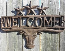Metal Work Rustic Bull Head Cow Ranch Gate Welcome Plaque Cattle Sign Worn Rust