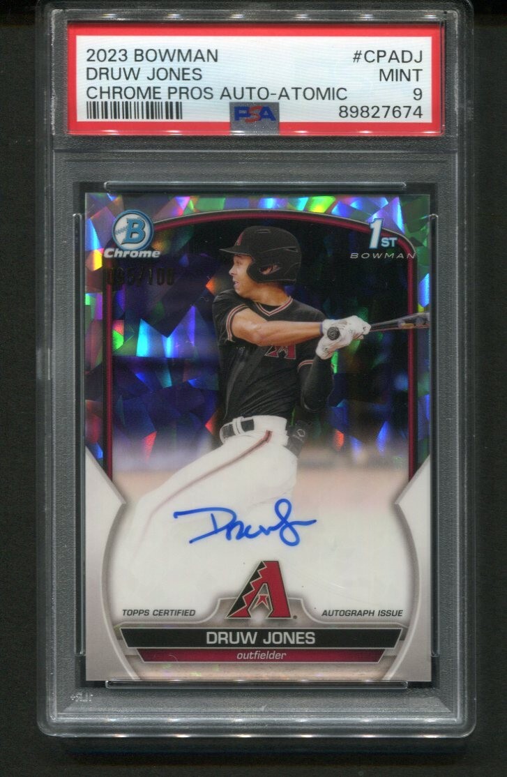 2023 Bowman Chrome Druw Jones Prospect Auto Atomic Refractor /100 1st PSA 9