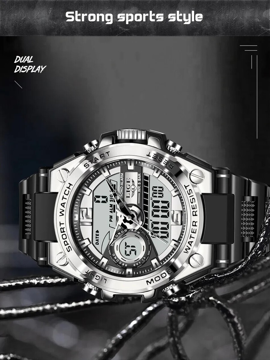 Montre Chronographe Homme Lige - Boîtier Doré Acier, Bracelet Noir Résine - Quartz - Étanche 50m - Neuf Avec étiquettes