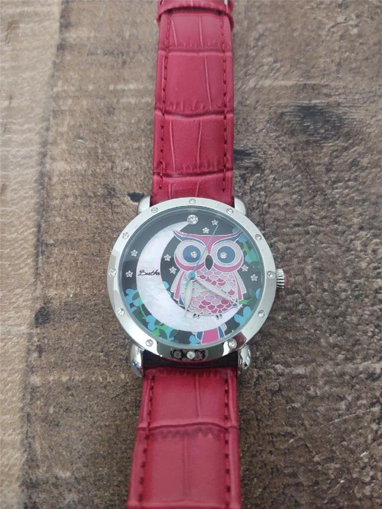 Bertha Ashley Womens OWL Mother of Pearl Watch Red Leather Band in Box