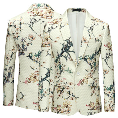 Mens Diamond Quilted Floral Jacket Suit Blazer Dinner One Button Slim Top