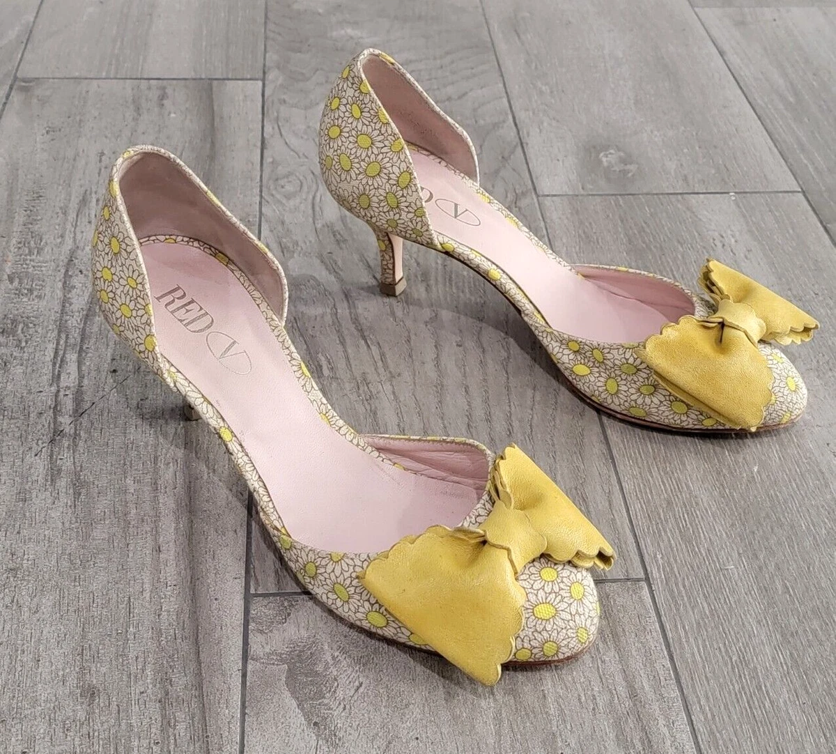 RED VALENTINO daisy floral d&#039;orsay yellow bow kitten heels 37.5/7.5 | eBay