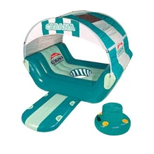 Inflatable floating cabana with awning and floating cooler.