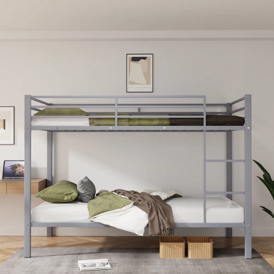 Twin Over Twin Metal Bunk Bed Frame with Ladder, High Guardrail and Metal Slats - Image 4 of 4