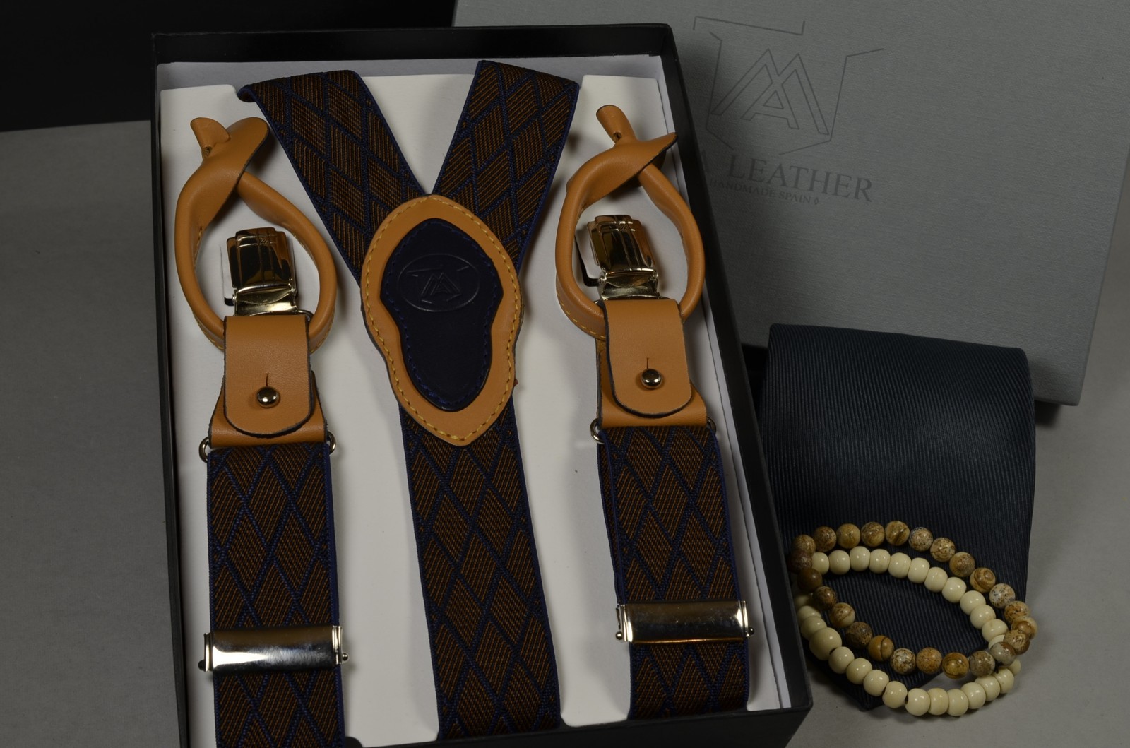 TIRANTES MARRON AZUL ELASTICOS & CUERO HOMBRE BODAS HECHOS A MANO UBRIQUE T13