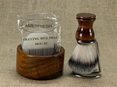 SHAVING REVOLUTION Wood Shaving Set Shaving Brush Soap Wooden Bowl,& Stand 4PC Man Gift Holidays