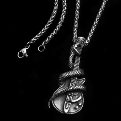  Gitarre & Schlange Anhänger Python Schlangen Halskette 60cm Edelstahl Kette 
