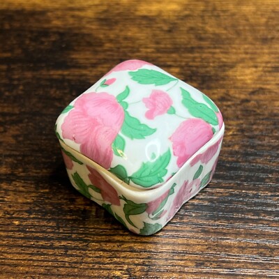 Vintage Ceramic Square Small Jewelry Box Ring Holder Pink Flowers NICE!