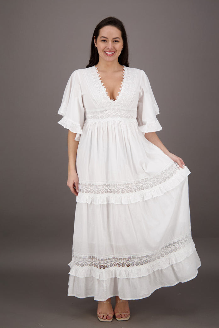 Mujeres Vestido Boho de Encaje Verano Cuello en V Floral Bordado Playa Mangas Campana Talla Única