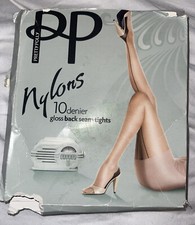 Vintage Pretty Polly PP Black Gloss seamed nylon stockings TIGHTS Sz M-L CUBAN