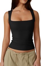Women Square Neck Sleeveless Double-Layer Tank Tops Basic Tight T Shirt