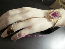 Retro Vintage Gold Tone Slave Ring Bracelet Pressed Orchid in Lucite Unusual