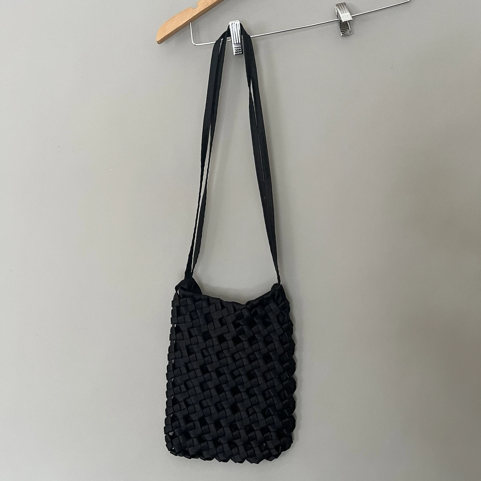 Bottega Veneta — RARE Bottega Veneta Vintage Intrecciato Woven Black Satin Purse / Bag Vegan