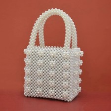 Woven Pearl Beaded Satchel Handbag Purse Ivory Handmade Evening Wedding Bag Prom