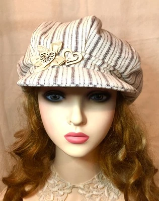 Beige and Brown Linen Newsboy Cap Hat with Gold Thread - Image 1 of 4