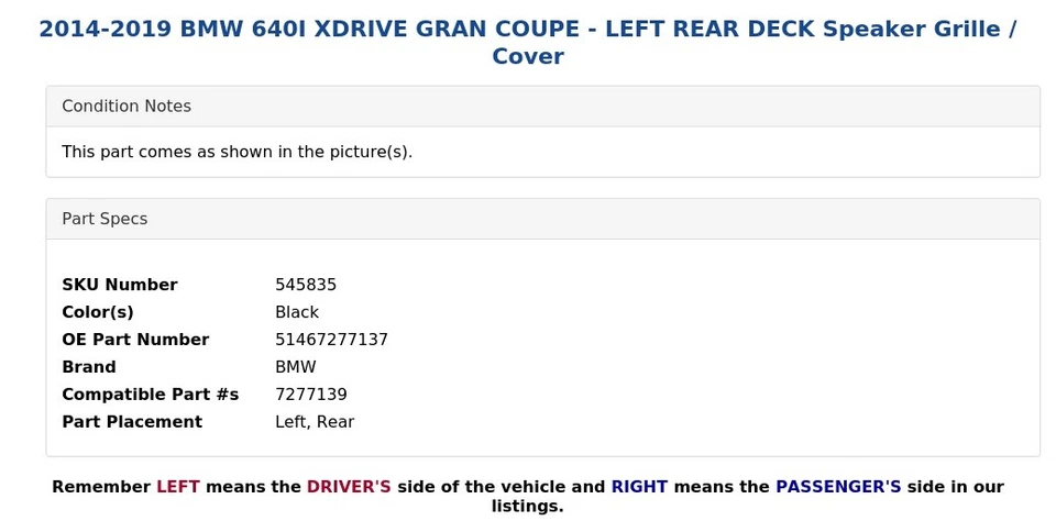 BMW 640I XDRIVE GRAN CUPÉ 2014-2019 - cubierta trasera izquierda altavoz rejilla/cubierta Foto 3 de 4