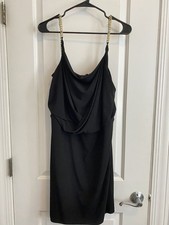 Calvin Klein Gold Chain Strap Cowl Neck Black Sheath Mini Cocktail Dress Size 12