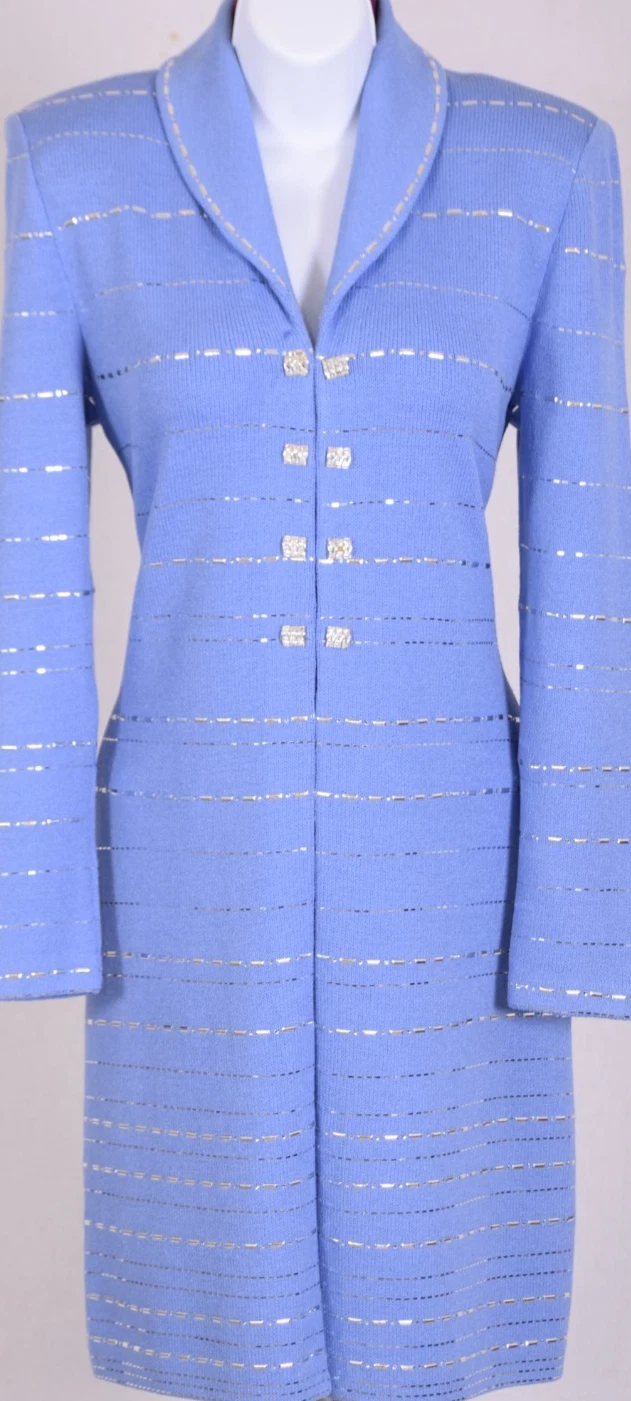 ST.JOHN Women's Blue Silver Studs Throughout Rhinestone Topper Long Jacket Sz 10