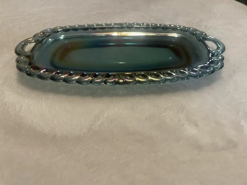 vtg blue iridescent carnival glass Handled Tray Kings Brown Pattern Loop Edge