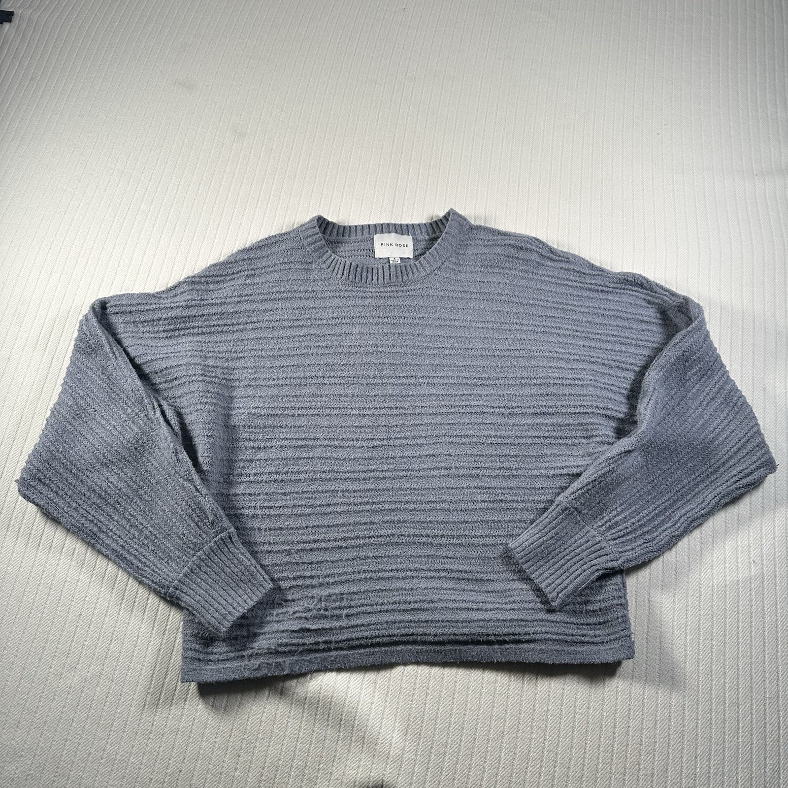 Pink Rose Womens Small Blue Ribbed Knit Sweater Cropped Cozy Pullover