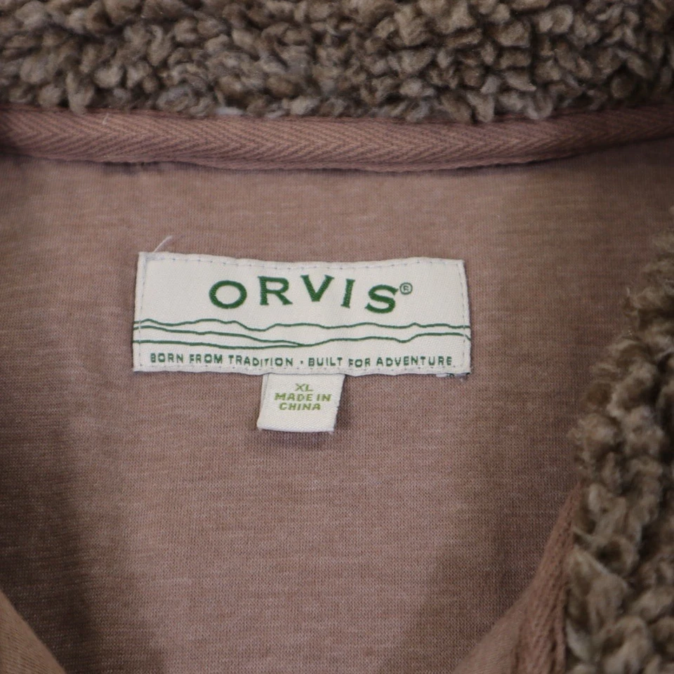 Chaleco polar Orvis Deep Pile Sherpa para hombre marrón tostado XL cuero ribete forrado cremallera completa Foto 2 de 4