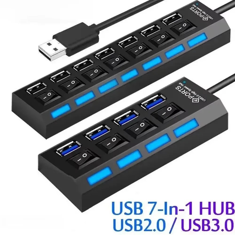 7-Port USB 2.0 Hub Splitter with Switch for PC Laptop Desktop Computer Extension