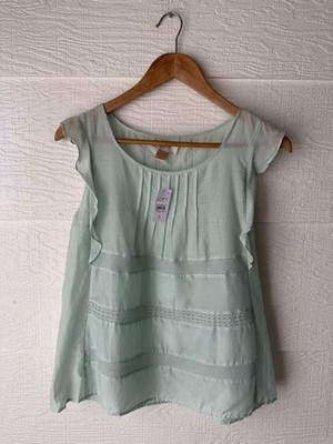 LOFT Mint Green Flutter Sleeve Blouse Pleated Lace Small NWT