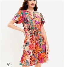 LOFT Multicolor Floral Short Flutter Sleeve Sundress Button Adjustable Waist L