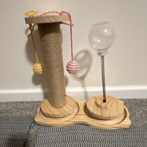 Wood Cat Scratching Post, Sisal Wrapped w/ Hanging Toys & Spring Ball