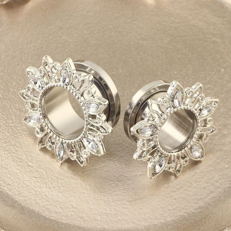 Stretching per Orecchie Spine Pendente Tunnel Girasole Acciaio Inox Regalo - Immagine 2 di 3