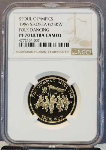 1986 SOUTH KOREA GOLD 25000 WON FOLK DANCING NGC PF 70 ULTRA CAMEO PERFECTION