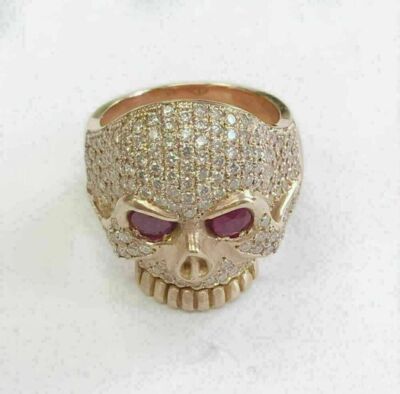 2.50 Ct Round Cut Lab Created Diamond Skull Ring 14k Yellow Gold Plated