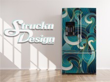 Waves Abstract Black Blue Teal Gold Fridge Freezer Wrap Side Door Vinyl Decal