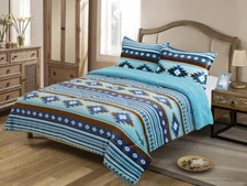 Southwest Aztec Sherpa Plush Fleece Blanket - 3 Piece Aqua Blue Set