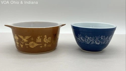 Pyrex Early American 473 1 Qt Casserole & Colonial Mist 401 Bowl 2 Piece Set