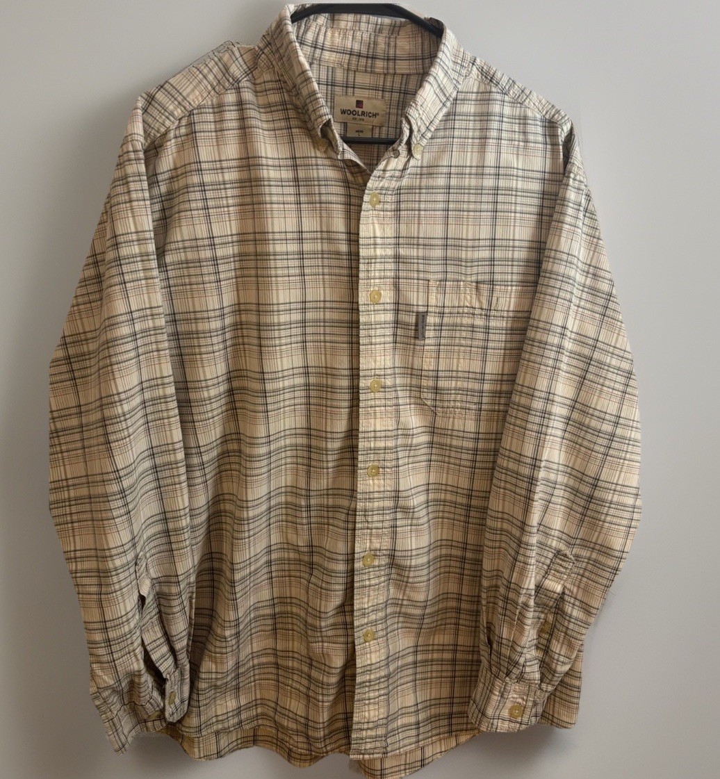 Woolrich Plaid Button Up Shirt Mens L Beige Cream Cotton Long Sleeve