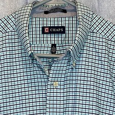 Men's CHAPS Button Up Blue Plaid Long Sleeve Reg Fit Oxford Wrinkle Free READ 