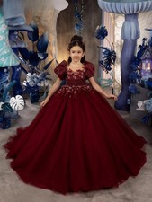 Burgundy Lace Appliques Princess Gown Kids Performance Wear Romantic