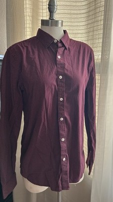 Cactus Man Slim Fit Button-Up Shirt Burgundy Polka Dot Cotton Long Sleeve Size L