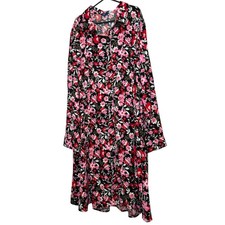 Cotton Traders Floral Midi Dress UK 22 Black Pink Long Sleeve V Neck